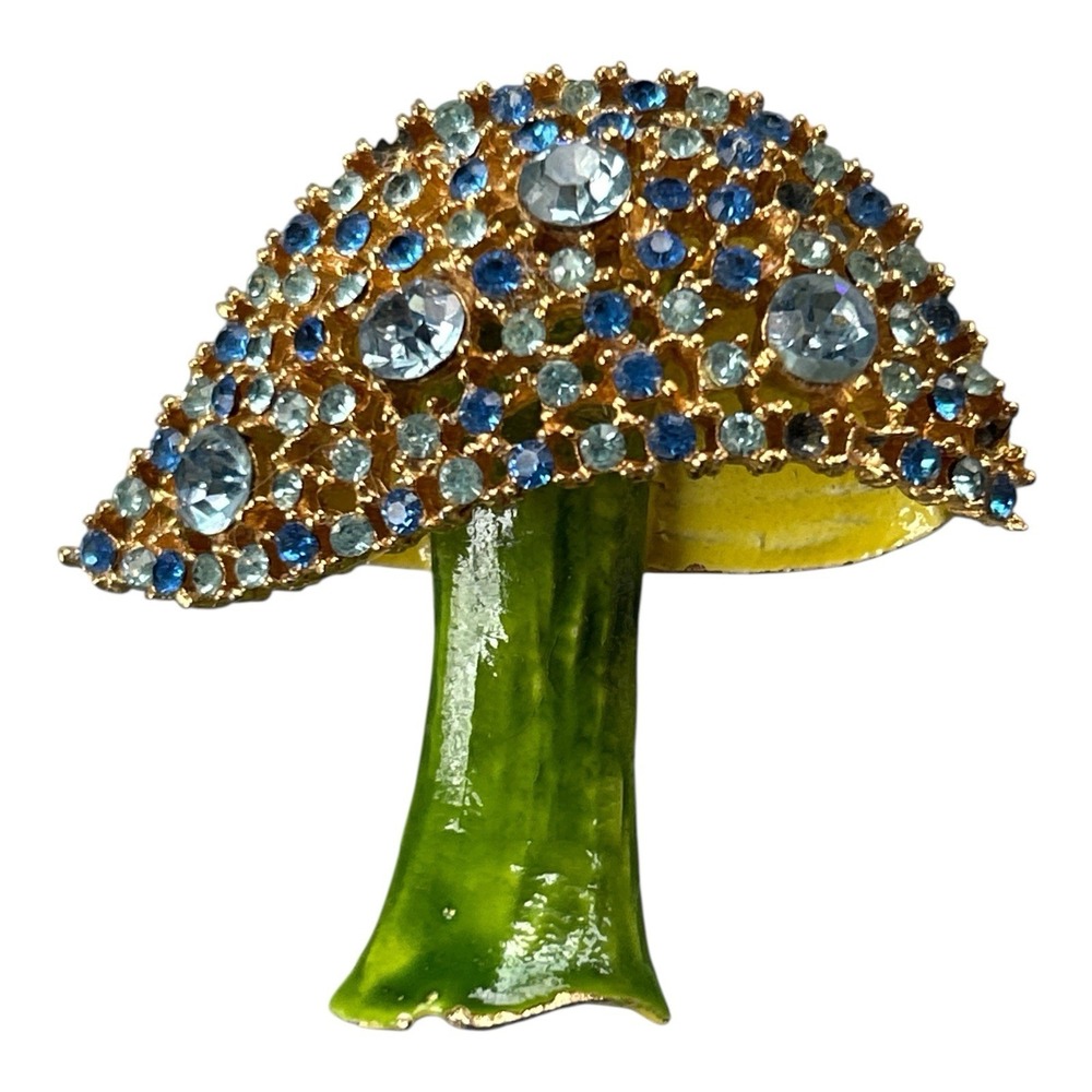 Capri Signed Jeweled Mushroom Brooch Blue & Aqua Rhinestones Enamel Stem Figural